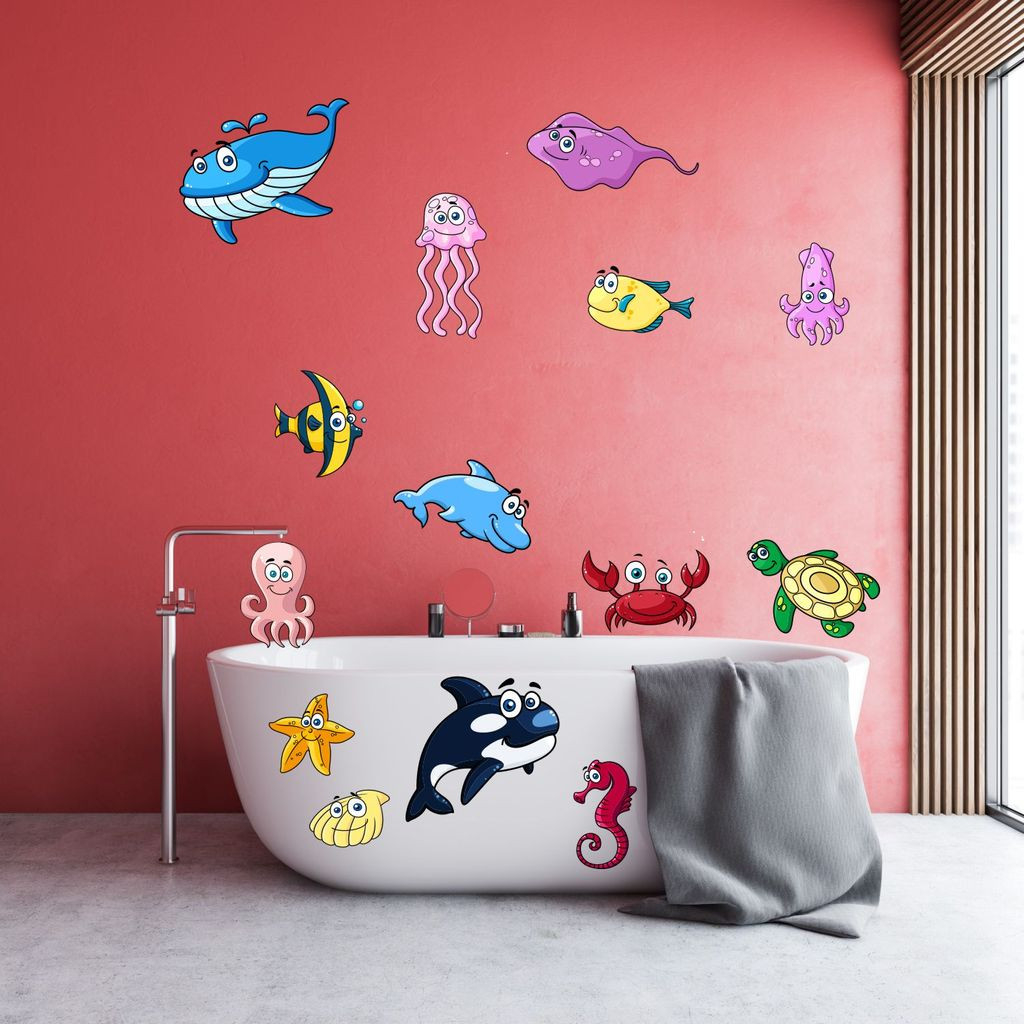 14 Badezimmer Aufkleber Set Fische Meerestiere Wc Bad Wandtattoo Sticker  Dusche in Aufkleber Badezimmer